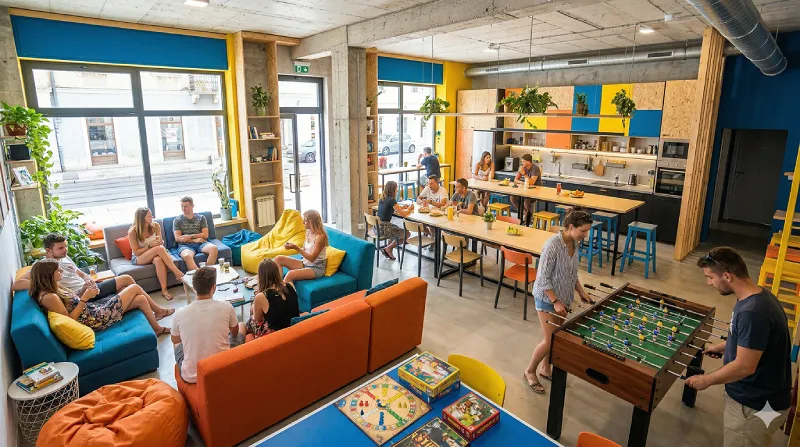 Split hostel common area — modern and social
